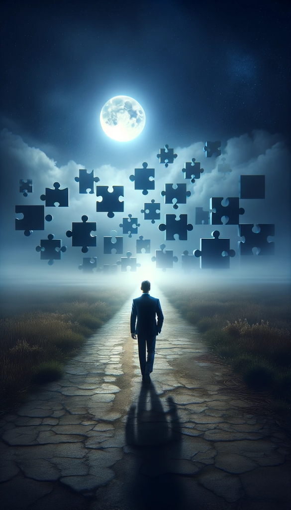 A picture of a man walking down a path on a moonlight night. It is foggy and there are many puzzle pieces floating in front of him, representing the challenges of business problems.